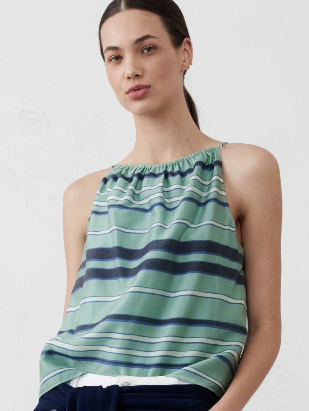 Banana Republic Factory Striped Halter Top – Green/Navy Organza Look, Flowy Fit